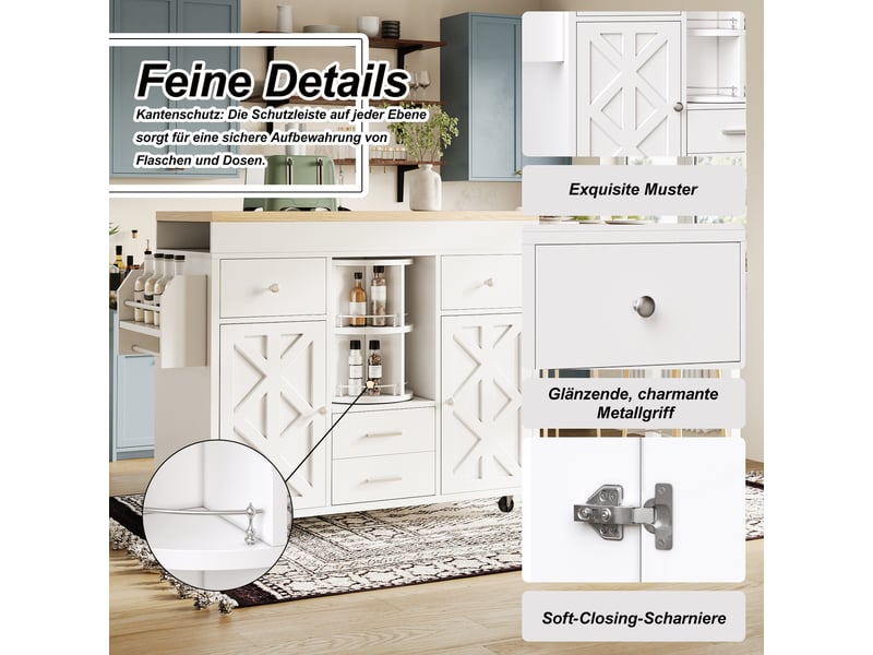  Desserte cuisine, îlot central sur roulettes avec plan de travail, plateau extensible, pivotant à 360°, dimensions 110 à 180 x 40 x 91 cm, mdf, blanc  - Conforama E