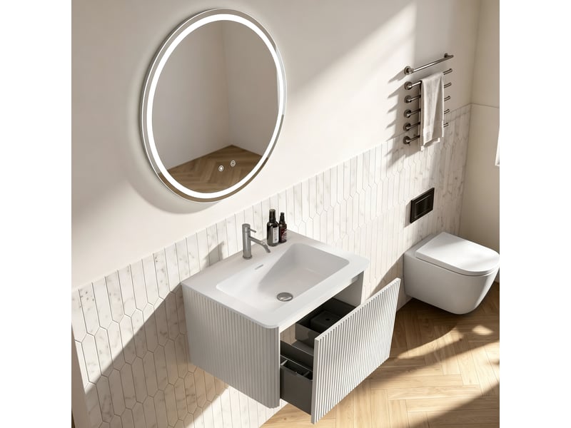  Ensemble meuble de salle de bain 60 cm avec vasque, miroir led rond 60 cm, blanc  - Conforama D