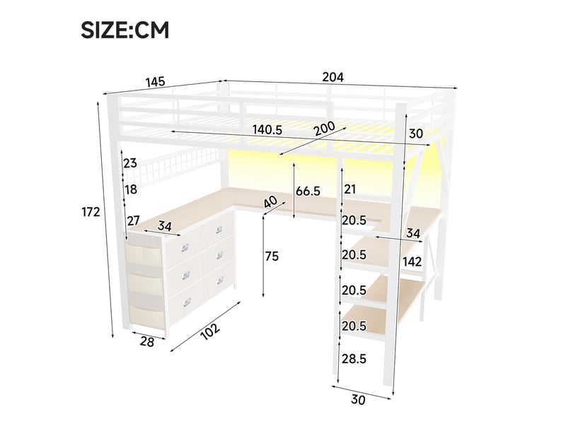 Lit mezzanine 140 × 200 cm avec bureau, étagères, tiroirs et led en métal pour chambre 204 × 145 × 172 cm - Conforama C