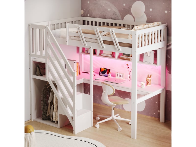  Lit en bois massif 90x200cm avec port usb et éclairage led, lit enfant avec bureau, cadre de lit adulte, lit simple rembourré, blanc  - Conforama E