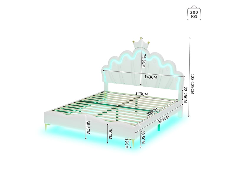 Lit 2 places 140x200 cm blanc avec éclairage led, tête de lit couronne en similicuir - Conforama C