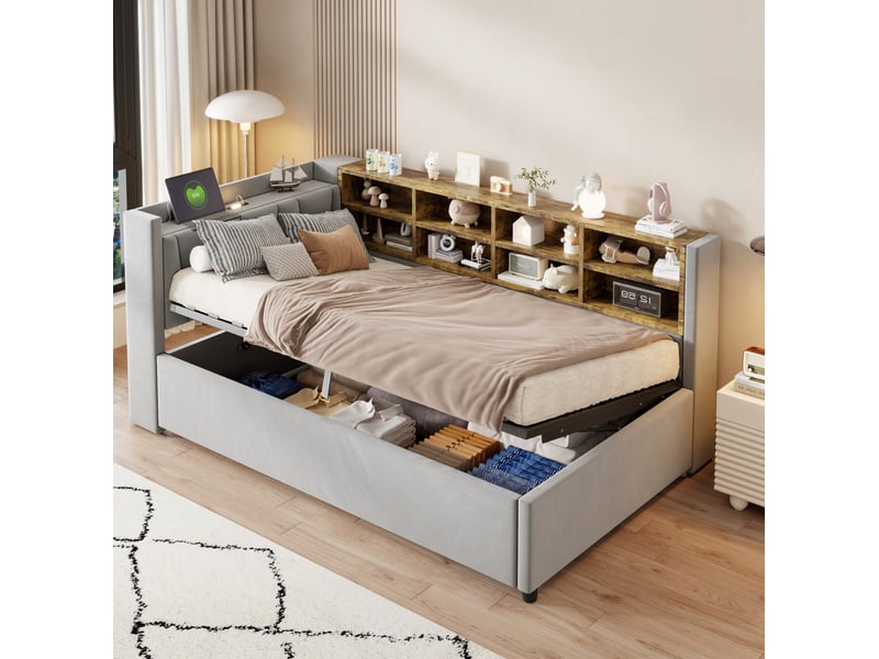  Lit coffre 90x200 cm avec éclairage nocturne, ports usb et type-c, mdf et métal couleur gris clair sans matelas  - Conforama D