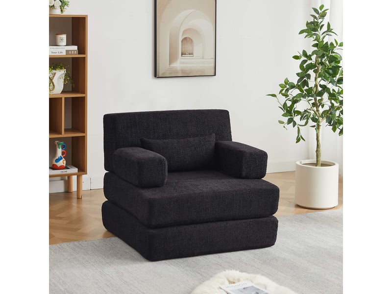  Canapé convertible 1 place 2 en 1-fauteuil-lit modulable pliable-chenille-lit d'appoint-cadre métal-petit espace-noir  - Conforama B