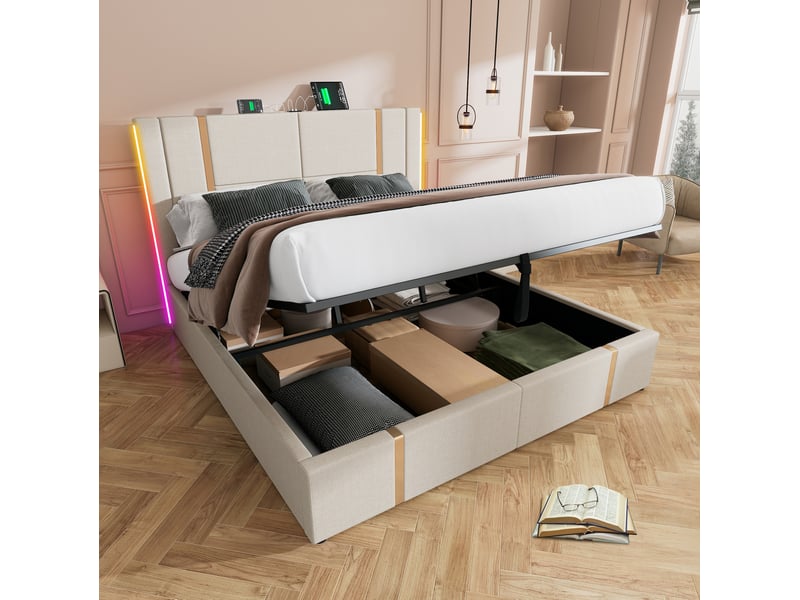  Lit coffre 2 places 140x200 cm led avec ports usb et type-c, beige, matelas inclus  - Conforama D