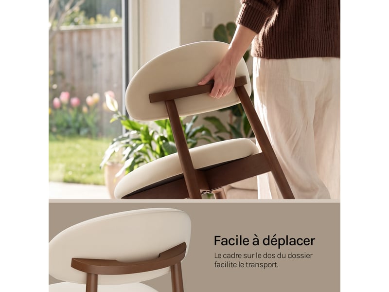  Lot de 4 chaises de salle à manger en tissu chenille, pieds en bois massif，43 x 51 x 83 cm，beige  - Conforama W