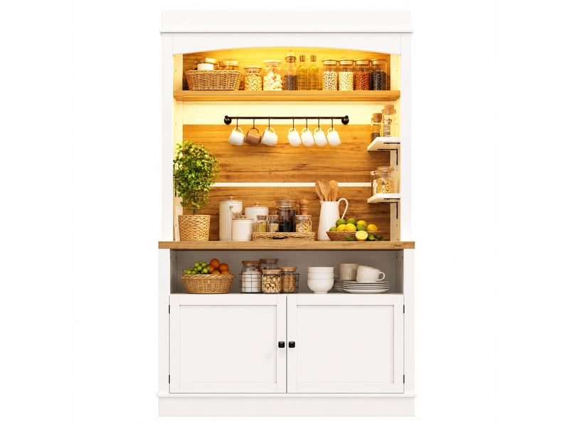  Buffet haut modenvie set de 2, 184 cm, led rgb, avec étagère en verre et barre à crochets, mdf et métal, blanc  - Conforama A