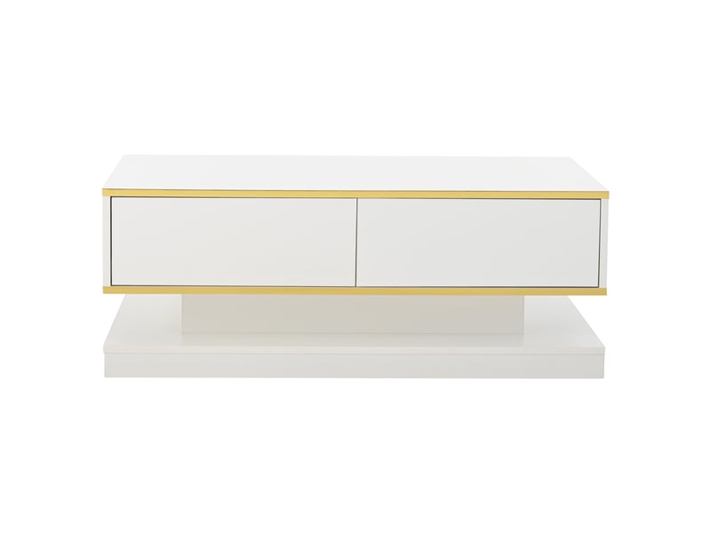  Table basse laquée brillante 100 x 50 x 38 cm, table d'appoint avec 2 grands tiroirs, table de salon originale, blanc chaud avec bordure dorée, table basse avec plateau étroit et large plateau et base larges.  - Conforama E