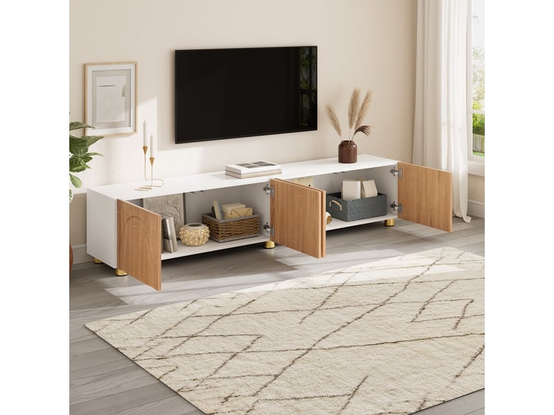  Meuble tv 180x35x40 cm - meuble bas moderne avec 4 portes, façades à relief arqué et pieds en métal  - Conforama E