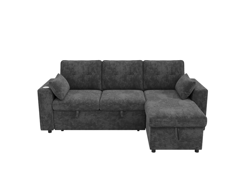 Canapé d'angle convertible réversible avec coffre, led tactile, ports usb et type-c, 2 coussins en chenille gris - Conforama A