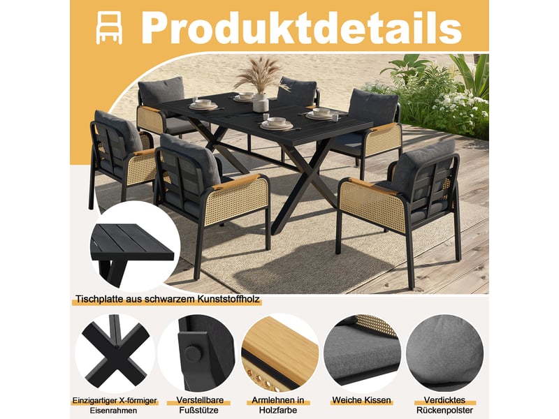  Salon de jardin,148x80x75 cm,1 table et 6 chaises avec coussins,noir et naturel  - Conforama E