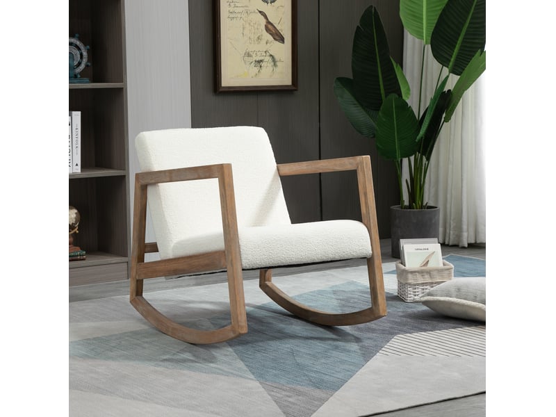  Fauteuil à bascule ulevr avec coussins rembourrés en tissu bouclette blanc crème, cadre en bois d'hévéa, 60 x 81 x 71 cm  - Conforama C