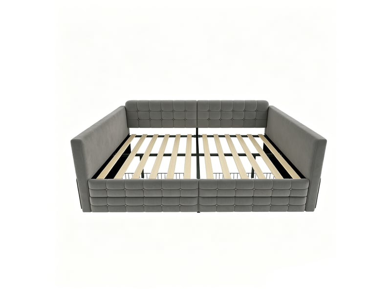 Lit banquette 140 × 190 cm, velours capitonné, 2 tiroirs, poches latérales, sommier à lattes, gris, avec rangement  - Conforama A