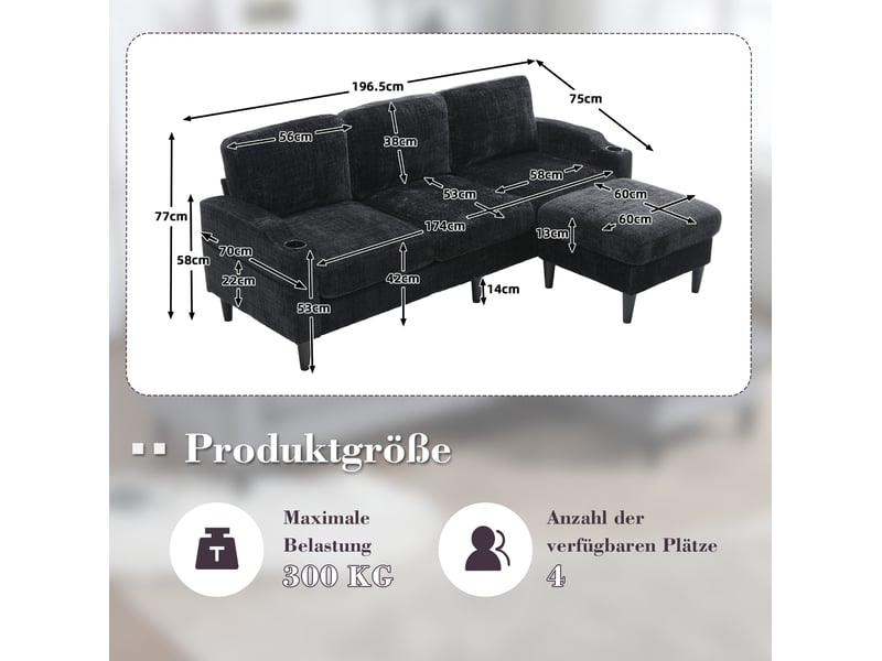  Canapé 4 places modenvie avec pouf de rangement en chenille noir 196,5 x 75 x 77 cm  - Conforama C