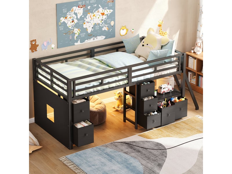 Lit mezzanine bas 90x200 cm noir, avec 7 tiroirs, rangements, led 7 couleurs, structure métal, sommier inclus, sans matelas - Conforama W