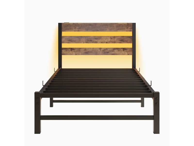  Lit coffre 90 x 200 cm,avec cadre, éclairage led, station de chargement usb, , noir brun  - Conforama E