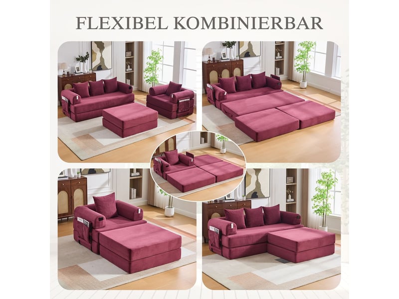  Canapé modulable revêtement en tissu côtelé cadre métal stable poche latérale 4 coussins confortables mousse haute densité combinaison libre usage polyvalent  - Conforama E