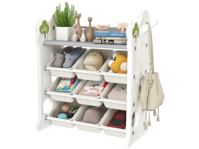 Meuble de rangement pour jouets à 4 niveaux avec 9 bacs et crochet latéral, pehd, 77 x 42 x 94 cm, blanc crème - Conforama A