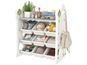 Meuble de rangement pour jouets à 4 niveaux avec 9 bacs et crochet latéral, pehd, 77 x 42 x 94 cm, blanc crème