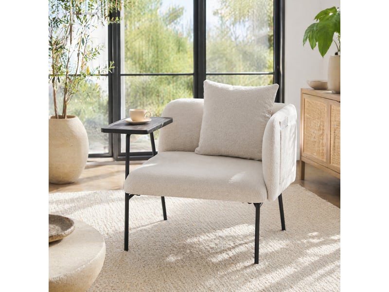  Fauteuil de détente beige en chenille avec table d'appoint et rangements  - Conforama C