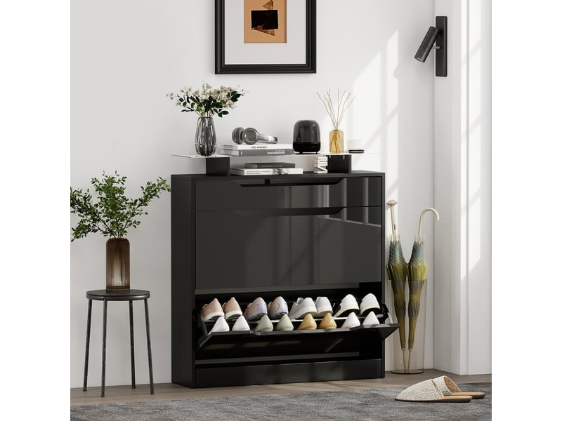  Armoire à chaussures, 2 tiroirs rabattables, 1 tiroir coulissant, 1 comptoir, 89x23x96cm, noir  - Conforama B