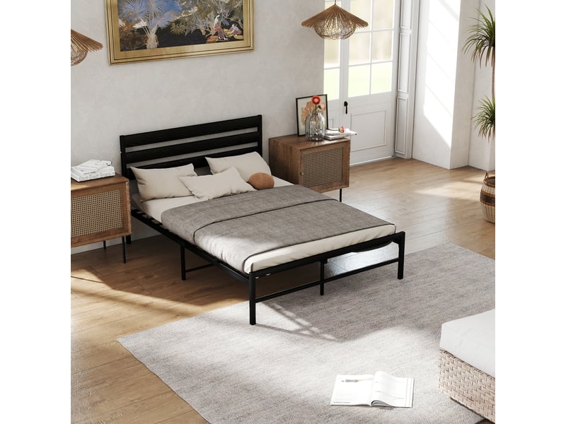  Lit 2 places 140x200 cm noir, tête de lit mdf, sommier à lattes inclus, stable et polyvalent , rangement sous le lit,sans matelas  - Conforama B