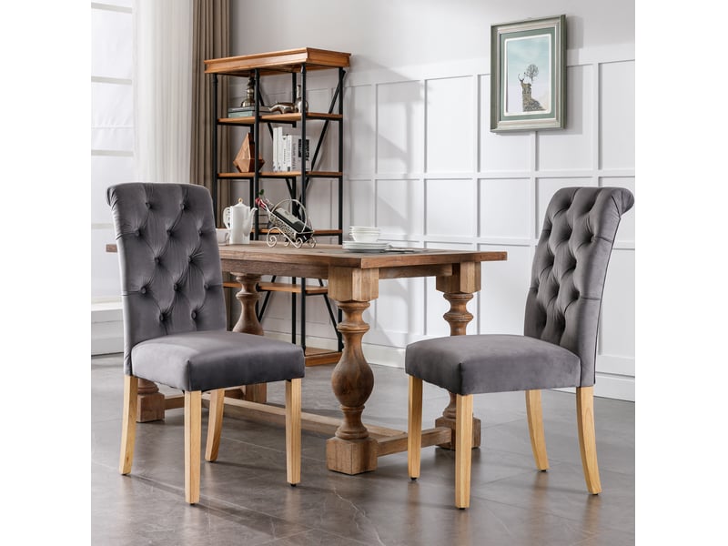  Ensemble de 6 chaises de salle à manger gris en velours, design à boutons, pieds en chêne  - Conforama D