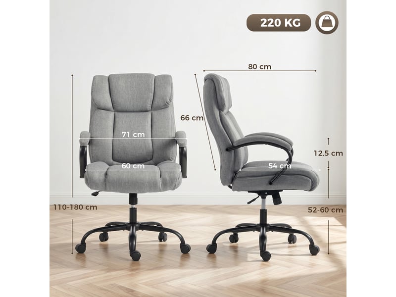  Chaise de bureau ergonomique en tissu effet lin, capacité de charge 220 kg, pivotante, réglable en hauteur, gris clair  - Conforama E