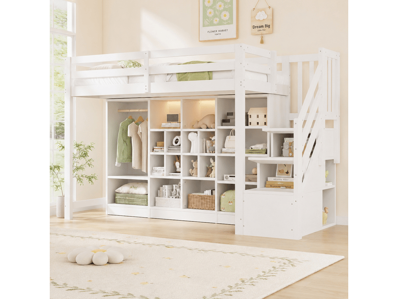  Lit surélevé 90 x 200 cm, rangements multiples, penderie, échelle latérale et éclairage led, blanc  - Conforama E