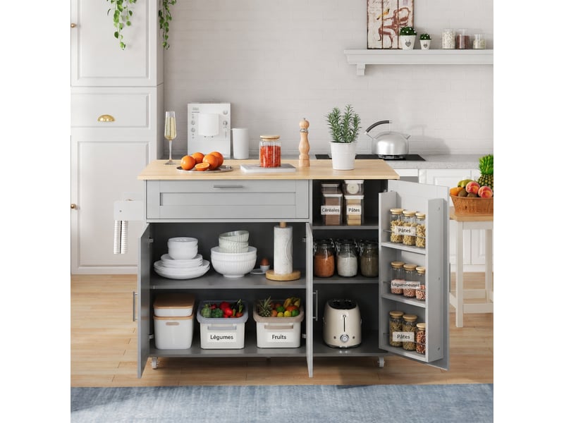 Desserte de cuisine à roulettes avec plan de travail rabattable, îlot avec rangement, gris et bois clair  - Conforama C