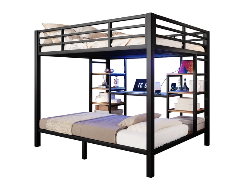  Lit superposé familial 140x200 et 90x200 cm, étagères, led, prise, usb et type-c, métal noir Radiant Stride - Conforama A