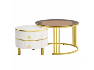 Ensemble de 2 tables basses rondes avec 2 tiroirs, blanc et doré, ø 70 et 50 cm