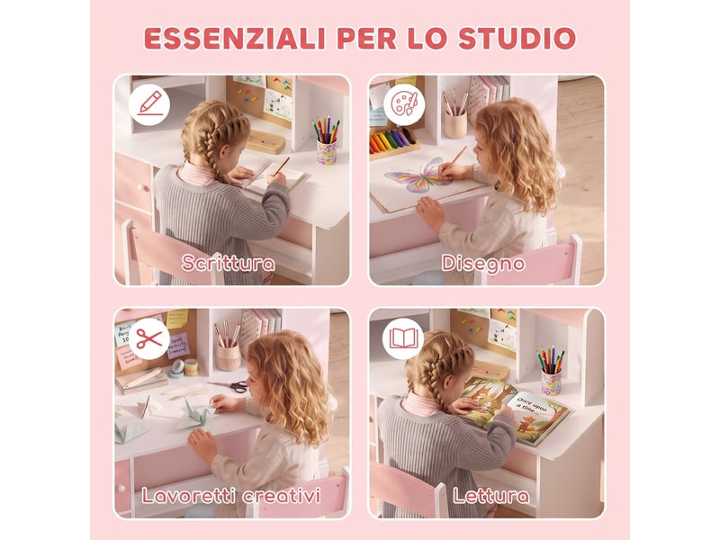  Bureau enfant avec chaise et rangement rose 90 x 39 x 95 cm, avec bibliothèque  - Conforama R