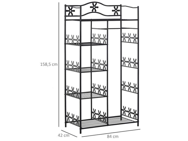  Armoire adulte, meuble de rangement multiple, 5 étagères, 84 x 42 x 159 cm (l x l x h), métal noir, 2 rideaux blancs  - Conforama E