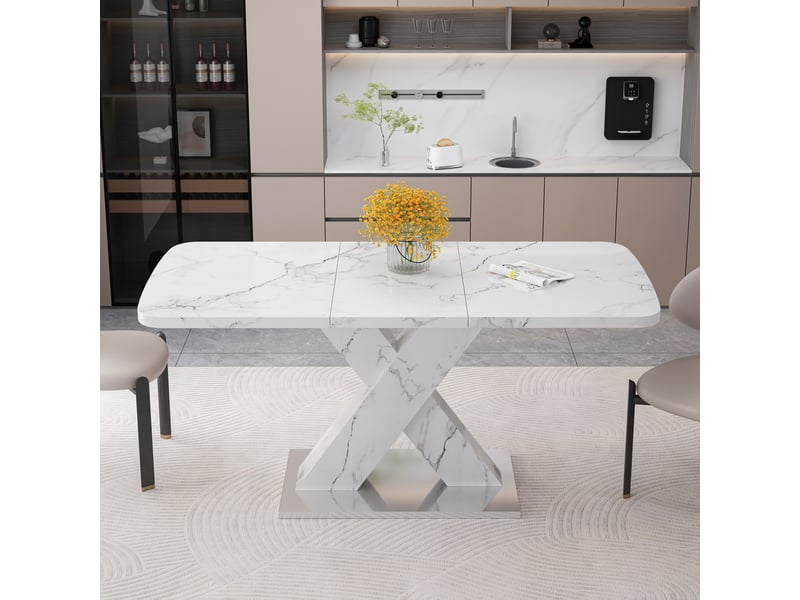 Table à manger extensible 120-160 x 80 cm, plateau mdf effet marbre blanc, piètement en x avec base métal, table rectangulaire moderne - Conforama C
