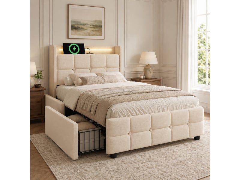  Lit coffre 90x200 avec led et usb, cadre de lit beige capitonné avec sommier à lattes et 2 grands tiroirs de stockage  - Conforama B