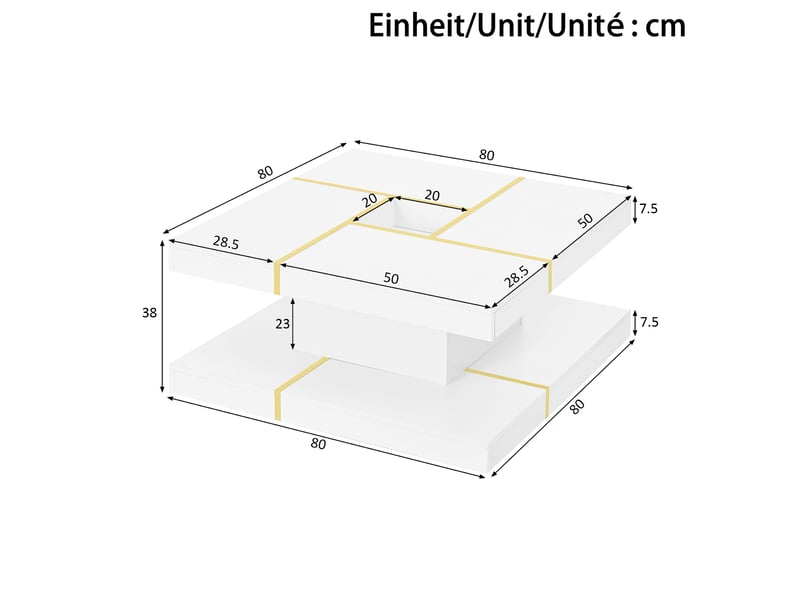  Table basse 80x80x38 cm à double plateau, rangement ouvert et niche centrale, panneaux de particules, blanc et doré ABC - Conforama C