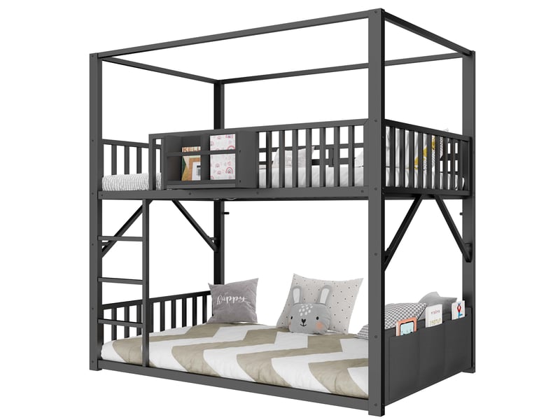 Lit superposé métal 90x200 cm pour enfant et ado, structure simple gain de place avec toit, lit superposé moderne noir - Conforama A