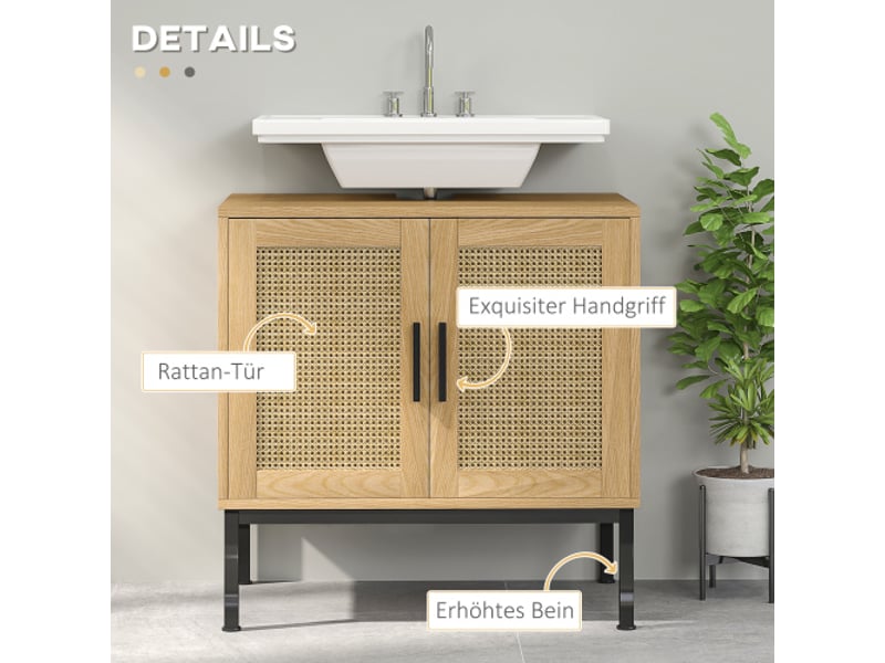  Meuble sous lavabo chêne 60x39x60 cm avec rangement effet rotin et dispositif anti-basculement  - Conforama E