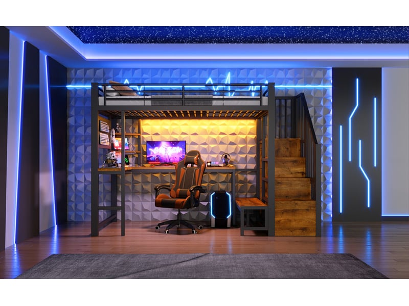  Lit mezzanine 90x200 cm, bureau et escalier de rangement, avec led, en métal, noir, sans matelas  - Conforama D
