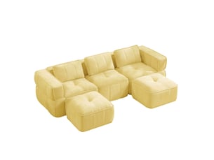 Canapé panoramique en u 3 places modulable avec 2 poufs et assise profonde, en polyester jaune