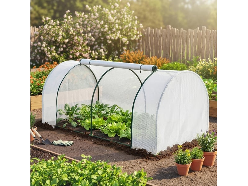  Serre de jardin tunnel 200 x 100 x 80 cm – blanche – bâche pe, porte zippée et cadre en acier stable  - Conforama B