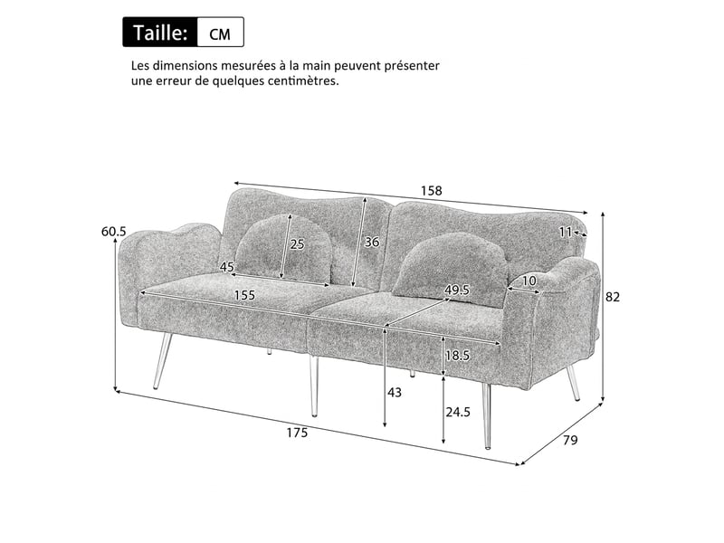 Canapé lit 2 places convertible moderne tissu bouclette blanc dossier réglable - Conforama D