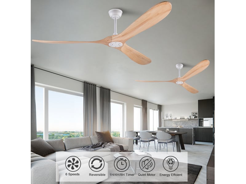 Ventilateur de plafond 183 cm blanc et naturel, métal et bois, sans éclairage avec télécommande 6 vitesses - Conforama C