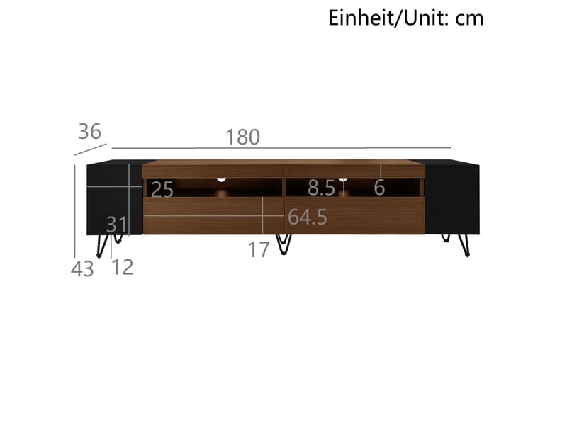  Meuble tv moderne noir et aspect bois, 180 cm, 2 portes, niches latérales ouvertes, noir et bois  - Conforama C