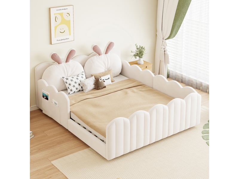  Lit enfant rembourré 140x200 cm avec barrières de sécurité, tête de lit avec coussin lapin, structure en pin et mdf, beige  - Conforama B