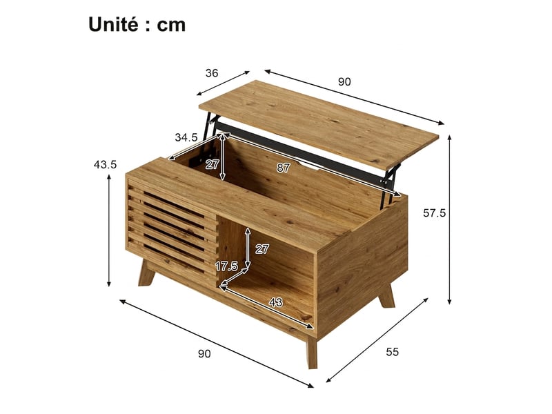  Table basse relevable vintage avec porte coulissante mdf aspect bois naturel  - Conforama E