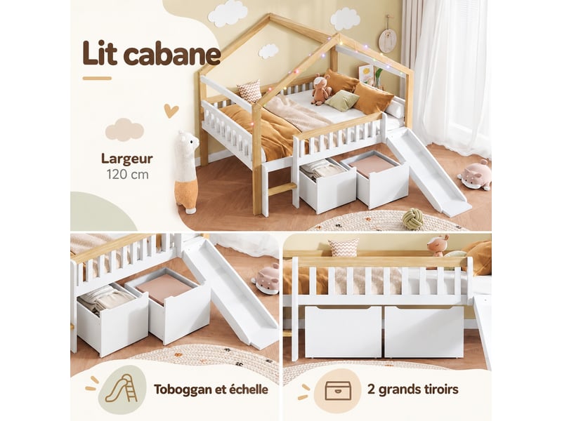  Lit surélevé enfant 120 x 200 cm en bois avec toboggan réversible, échelle, 2 tiroirs et barrières, blanc et naturel  - Conforama B