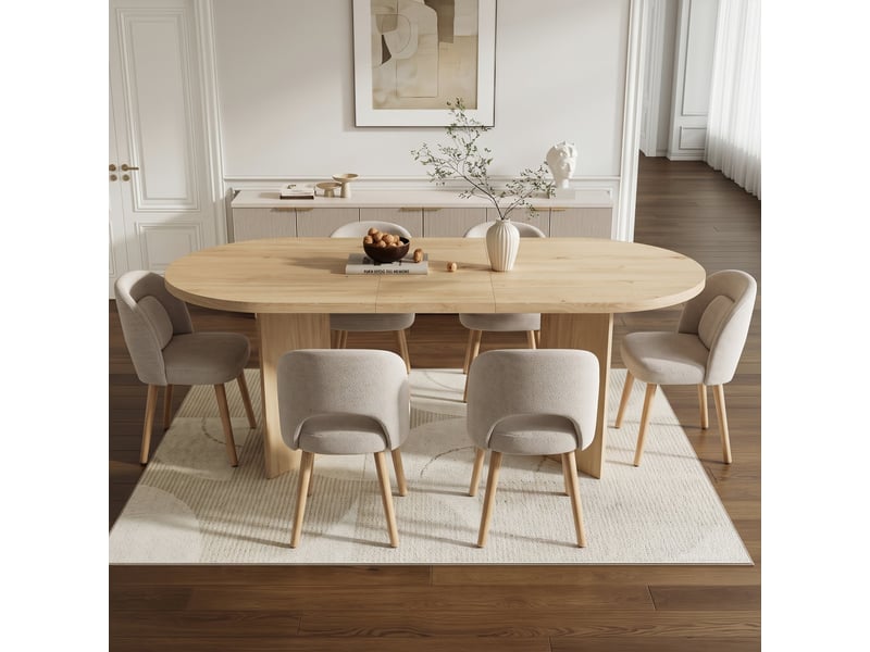  Ensemble table 200 x 90 cm et 6 chaises de salle à manger, coins arrondis, plateau épais, chaises en bois avec coussins, style épuré  - Conforama R