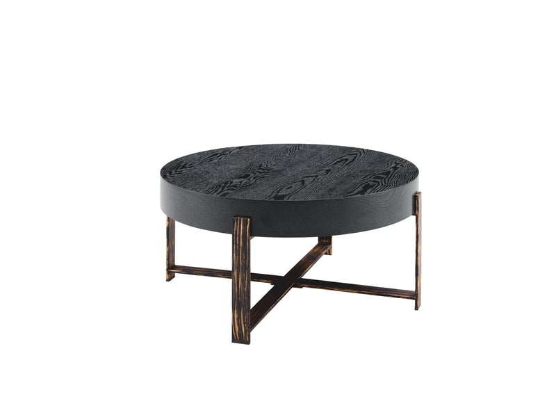  Table basse ronde 68x68x36 cm style industriel rétro, plateau mdf noir et structure en métal bronze antique  - Conforama B