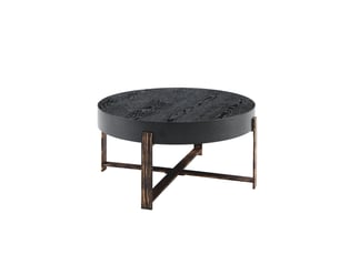 Table basse ronde 68x68x36 cm style industriel rétro, plateau mdf noir et structure en métal bronze antique